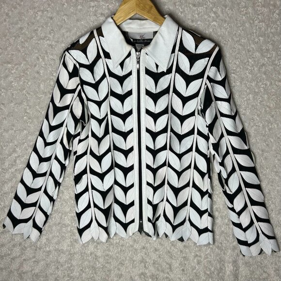 La‎ Jolla Light Jacket Leaf Pattern Zip Up Collared Black White S - Picture 1 of 8